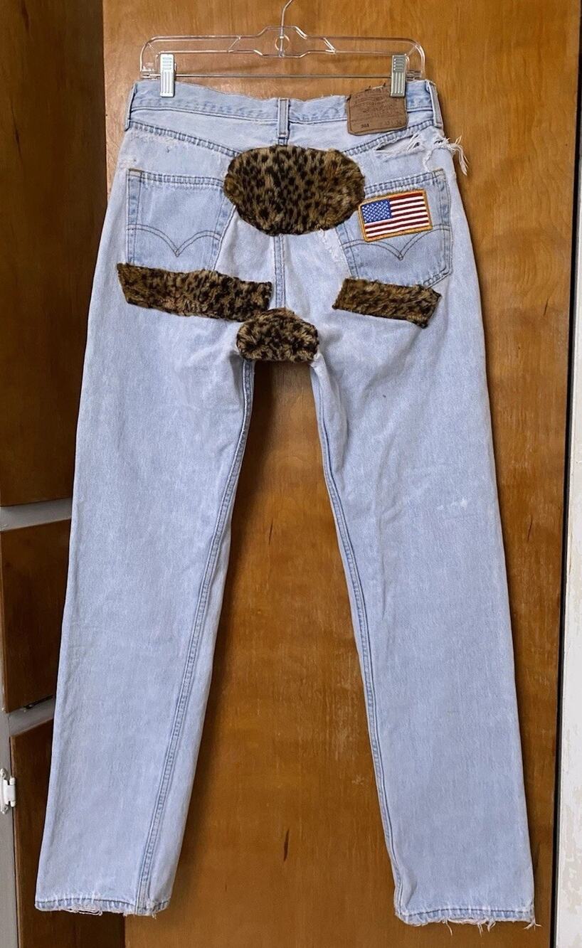 Vintage 80s 90s Distressed Levis 501 Jeans Patches Faux Fur Leopard Print Sz 30